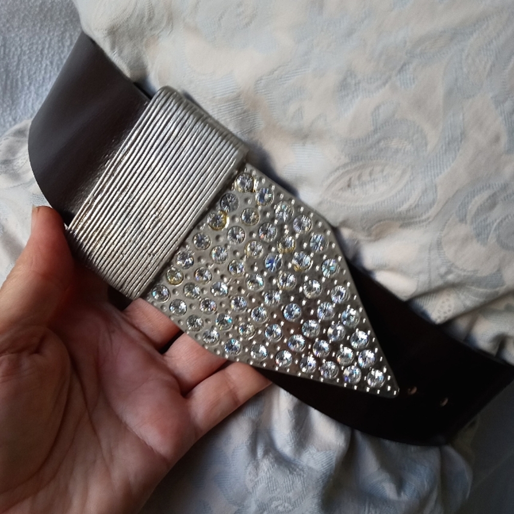 VERA PELLE Italian Leather Bling Belt Wide w/ Big Rhinestone Buckle VINTAGE 38 L